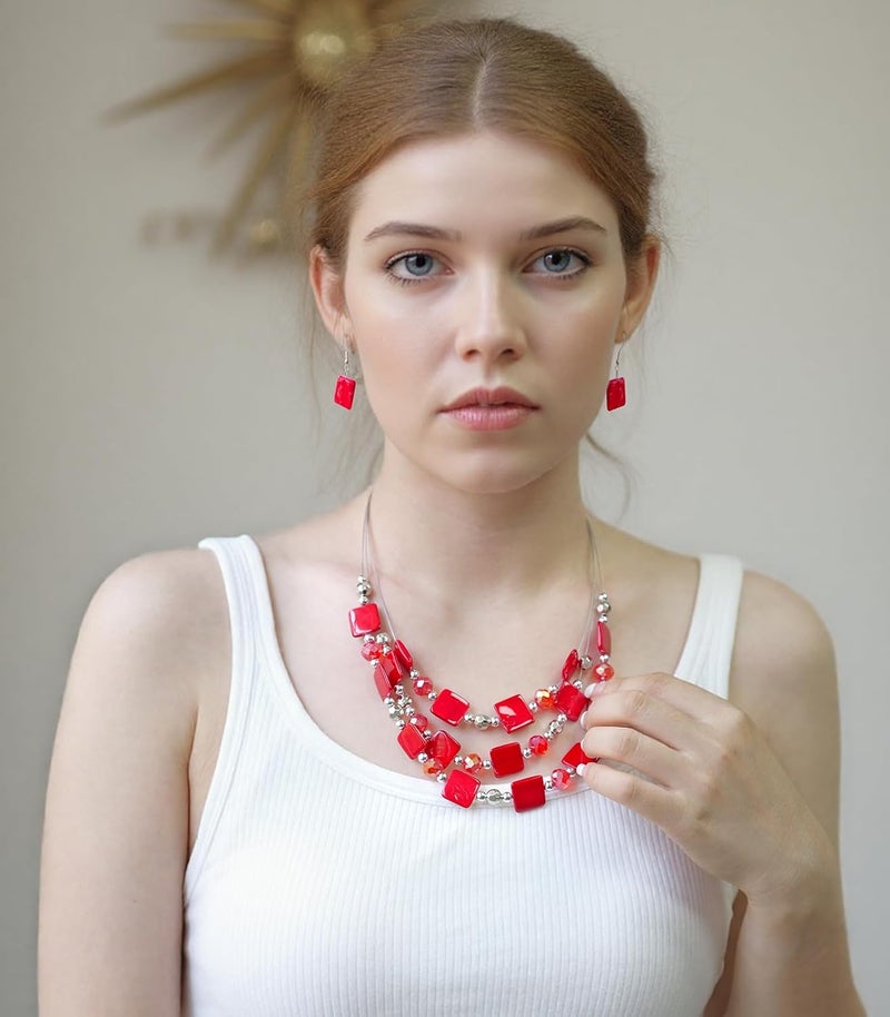 Errally Store Layered Beaded Statement Necklaces for Women Square Shell Bead Collar Necklace and Earring Set Birthday Gifts Boho Jewelry Sets for Women - Image 4